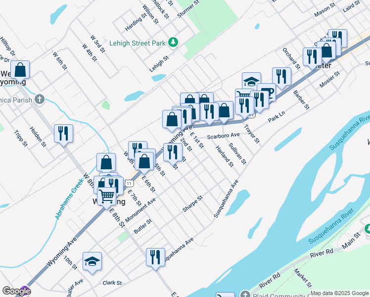 map of restaurants, bars, coffee shops, grocery stores, and more near 25-43 E 3rd St in Wyoming