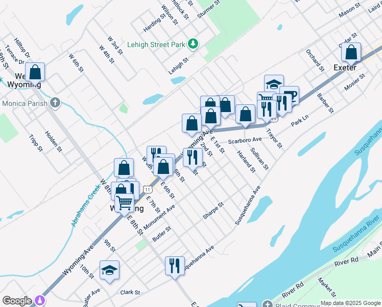 map of restaurants, bars, coffee shops, grocery stores, and more near 111 Monument Avenue in Wyoming