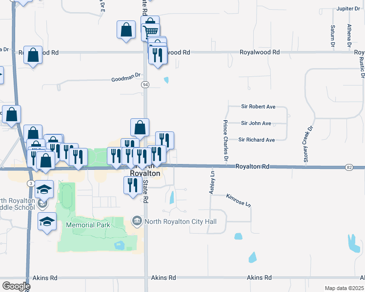 map of restaurants, bars, coffee shops, grocery stores, and more near in North Royalton