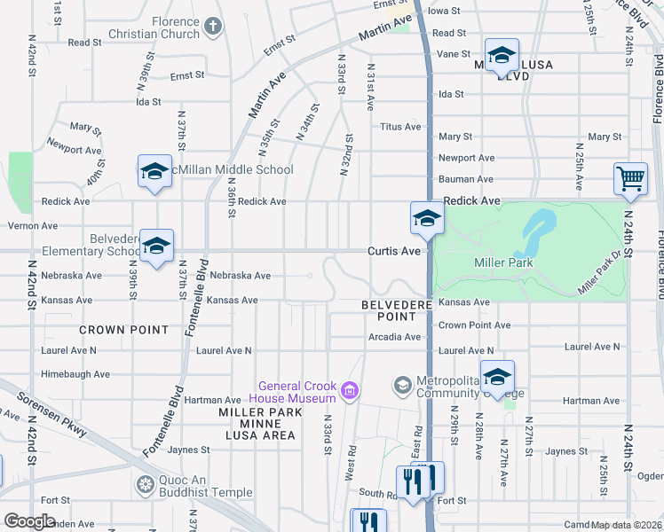 map of restaurants, bars, coffee shops, grocery stores, and more near 3215 Belvedere Boulevard in Omaha