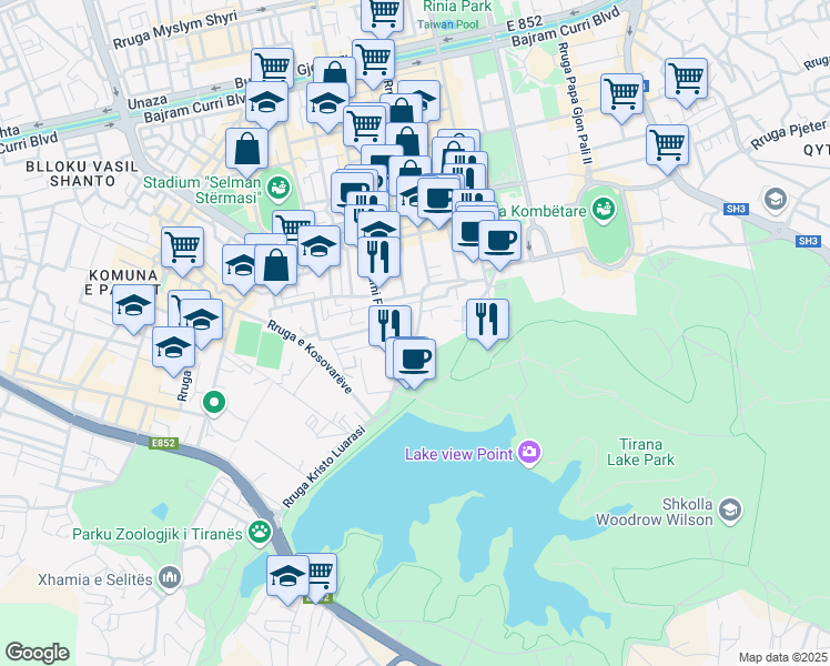 map of restaurants, bars, coffee shops, grocery stores, and more near Rruga Dora D'Istria in Tirana