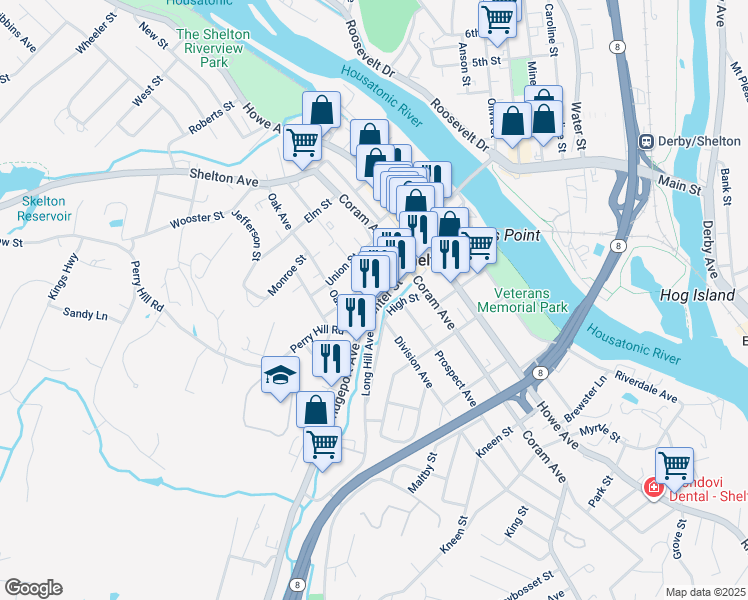 map of restaurants, bars, coffee shops, grocery stores, and more near 147 Center Street in Shelton