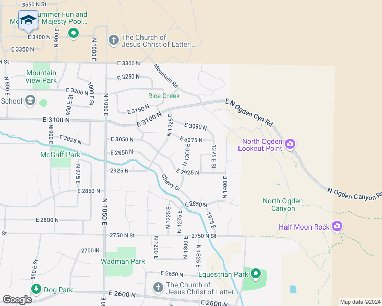 map of restaurants, bars, coffee shops, grocery stores, and more near 2978 North 1300 East in Ogden