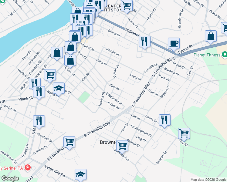map of restaurants, bars, coffee shops, grocery stores, and more near 181 E Railroad St in Pittston
