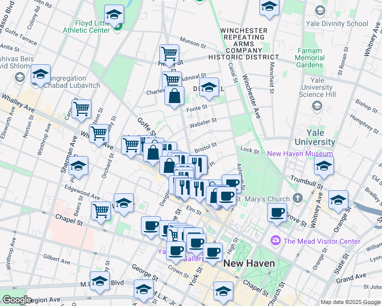 map of restaurants, bars, coffee shops, grocery stores, and more near 150 Bristol Street in New Haven