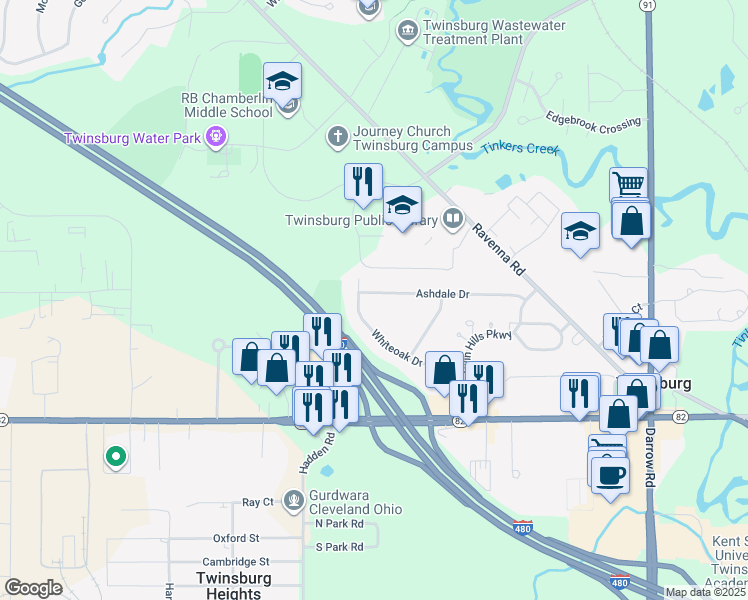 map of restaurants, bars, coffee shops, grocery stores, and more near 2392 Ashdale Drive in Twinsburg