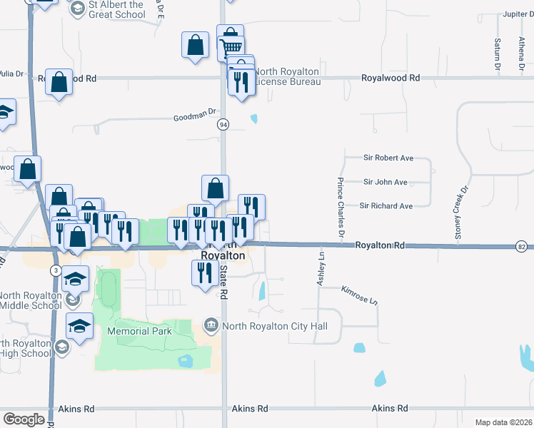 map of restaurants, bars, coffee shops, grocery stores, and more near 5136 Royalton Road in North Royalton