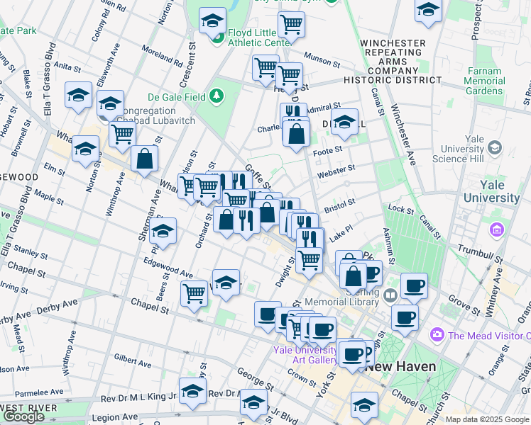 map of restaurants, bars, coffee shops, grocery stores, and more near 29 Dickerman Street in New Haven