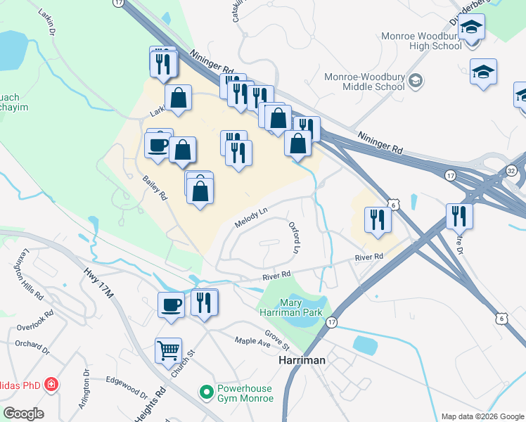 map of restaurants, bars, coffee shops, grocery stores, and more near 19 Melody Lane in Harriman