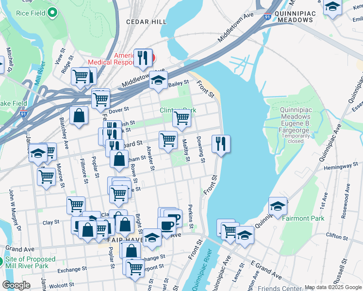 map of restaurants, bars, coffee shops, grocery stores, and more near 140 Lombard Street in New Haven