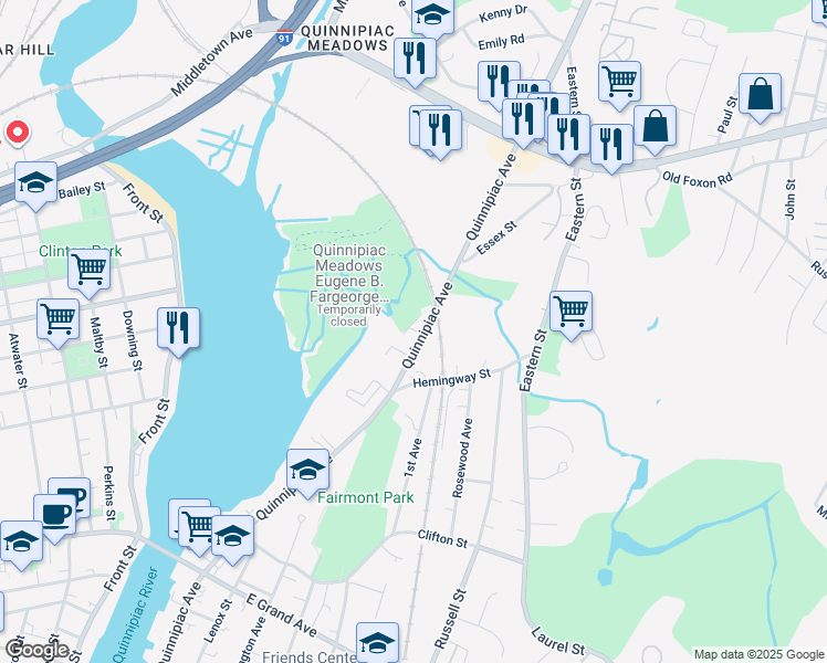 map of restaurants, bars, coffee shops, grocery stores, and more near 1040 Quinnipiac Avenue in New Haven
