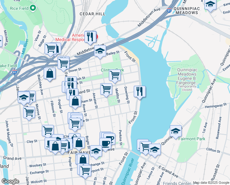 map of restaurants, bars, coffee shops, grocery stores, and more near 140 Lombard Street in New Haven