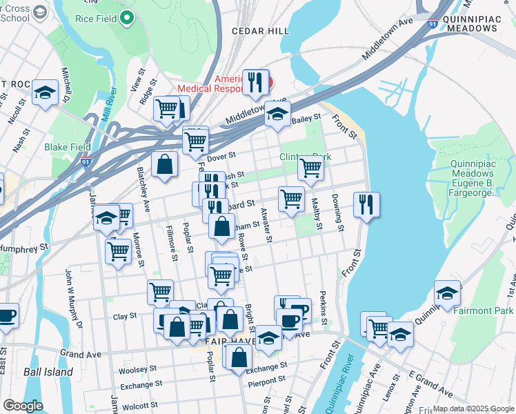 map of restaurants, bars, coffee shops, grocery stores, and more near 188 Atwater Street in New Haven