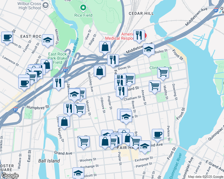 map of restaurants, bars, coffee shops, grocery stores, and more near 297 Peck Street in New Haven