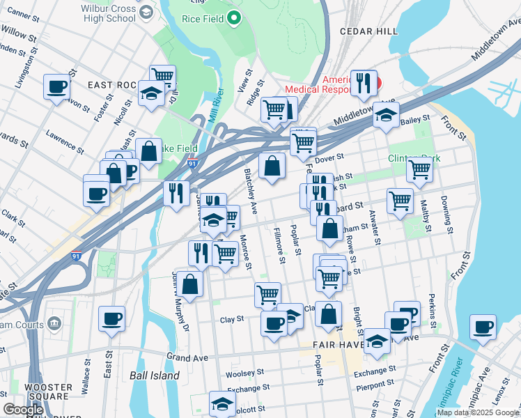 map of restaurants, bars, coffee shops, grocery stores, and more near in New Haven