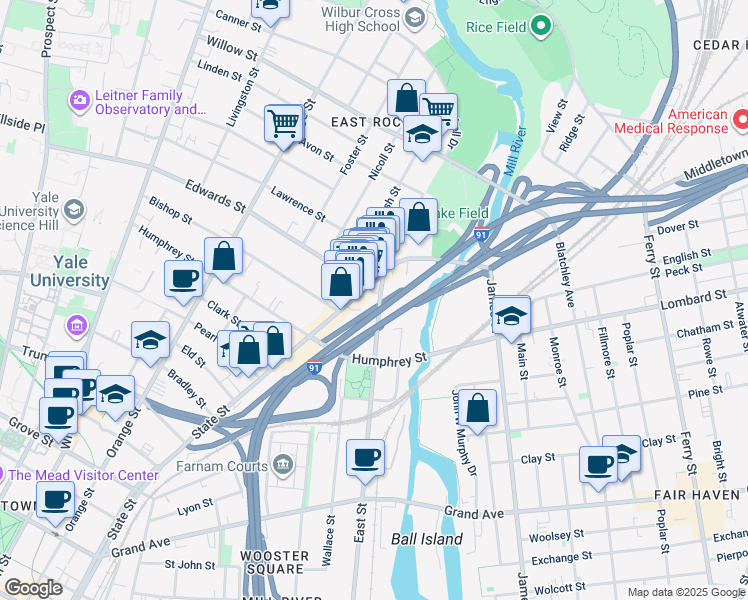 map of restaurants, bars, coffee shops, grocery stores, and more near in New Haven