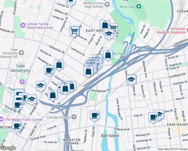 map of restaurants, bars, coffee shops, grocery stores, and more near 24 Edwards Street in New Haven