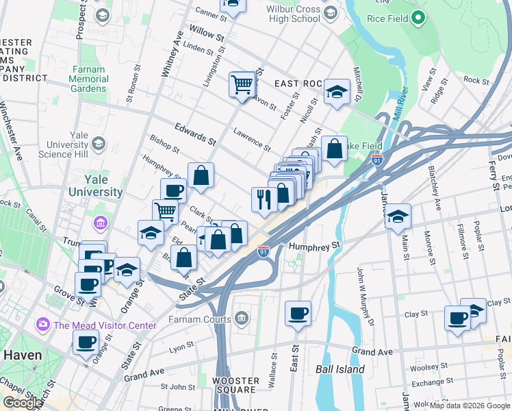 map of restaurants, bars, coffee shops, grocery stores, and more near 47 Bishop Street in New Haven