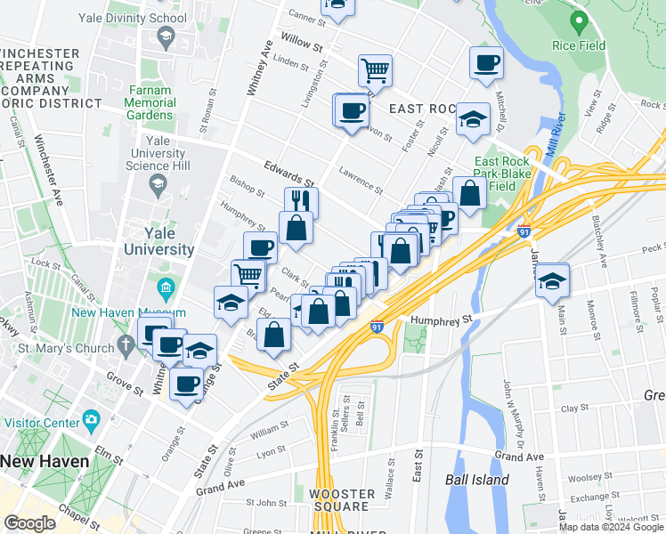 map of restaurants, bars, coffee shops, grocery stores, and more near 78 Bishop Street in New Haven