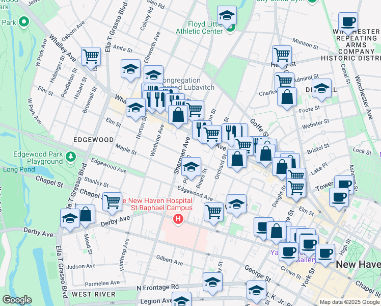map of restaurants, bars, coffee shops, grocery stores, and more near 280 Whalley Avenue in New Haven
