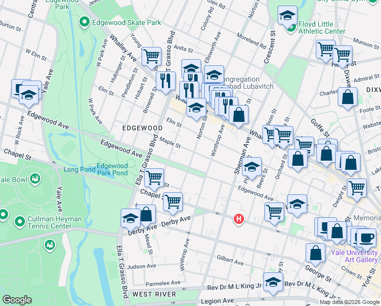 map of restaurants, bars, coffee shops, grocery stores, and more near 119 Maple Street in New Haven