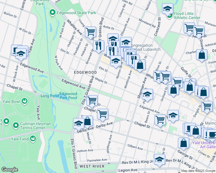 map of restaurants, bars, coffee shops, grocery stores, and more near 119 Maple Street in New Haven