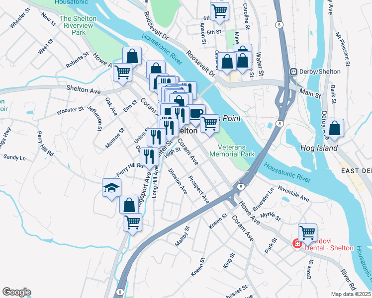 map of restaurants, bars, coffee shops, grocery stores, and more near in Shelton