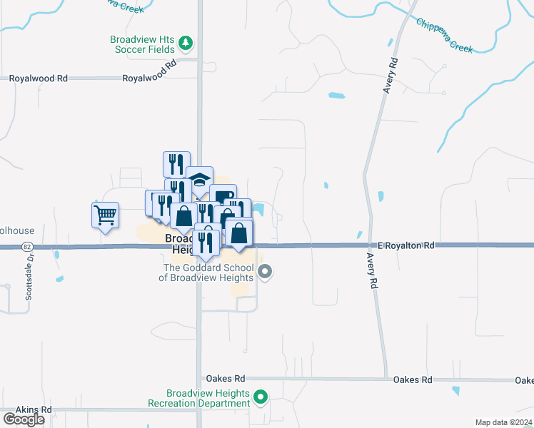 map of restaurants, bars, coffee shops, grocery stores, and more near 2507 Stoney Run Trail in Broadview Heights
