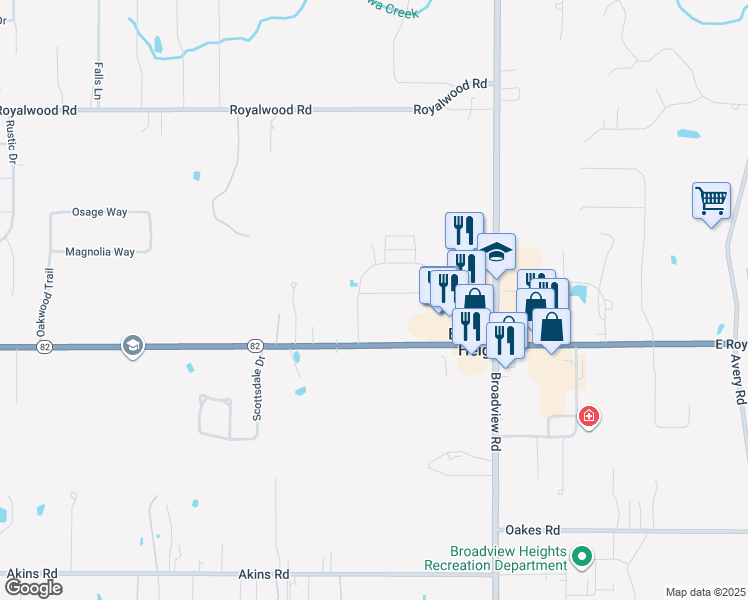 map of restaurants, bars, coffee shops, grocery stores, and more near 1437 Seneca Boulevard in Broadview Heights