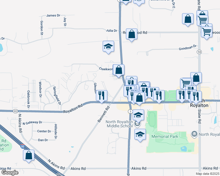 map of restaurants, bars, coffee shops, grocery stores, and more near 13900 Bennett Road in North Royalton