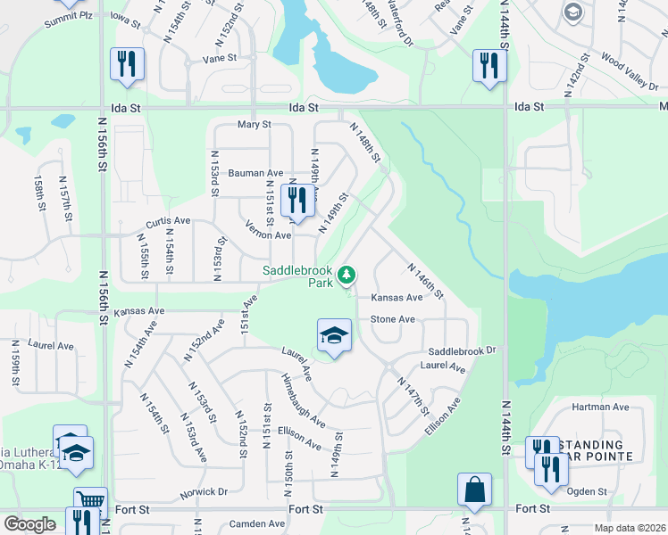 map of restaurants, bars, coffee shops, grocery stores, and more near 6226 North 148th Street in Omaha