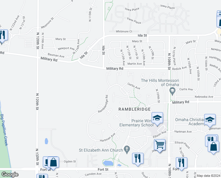 map of restaurants, bars, coffee shops, grocery stores, and more near 11553 Rambleridge Road in Omaha