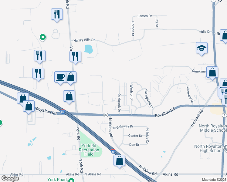 map of restaurants, bars, coffee shops, grocery stores, and more near 13768 Oakbrook Drive in North Royalton