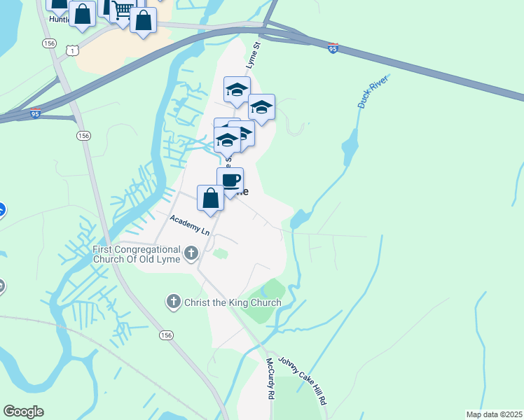 map of restaurants, bars, coffee shops, grocery stores, and more near 12 Library Lane in Old Lyme