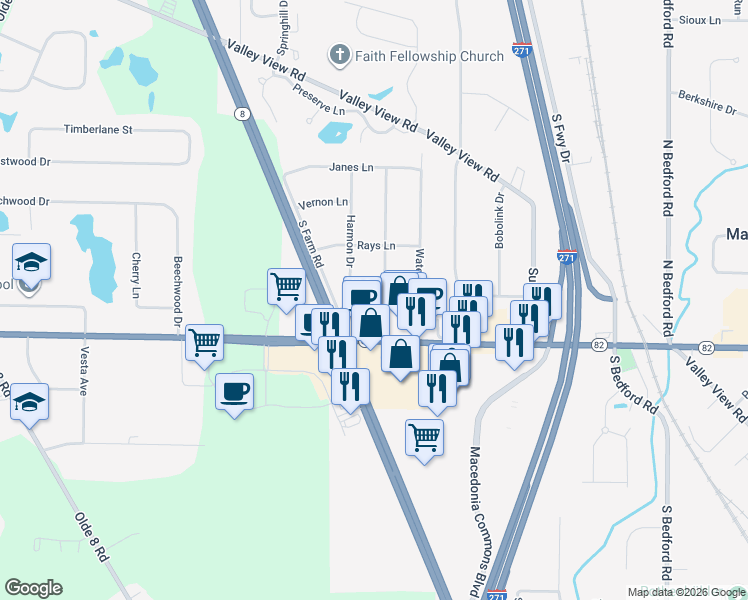map of restaurants, bars, coffee shops, grocery stores, and more near 8246 Fairlane Drive in Macedonia