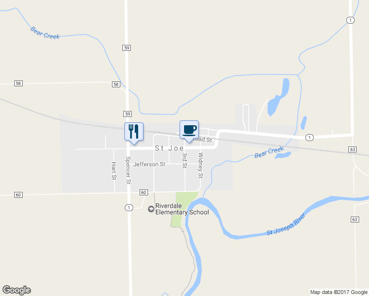 map of restaurants, bars, coffee shops, grocery stores, and more near Washington Street in St. Joe