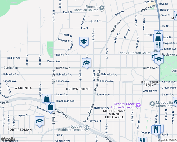 map of restaurants, bars, coffee shops, grocery stores, and more near 3775 Curtis Avenue in Omaha