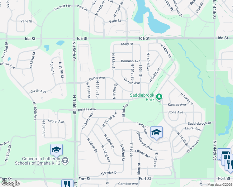 map of restaurants, bars, coffee shops, grocery stores, and more near 6232 North 153rd Street in Omaha