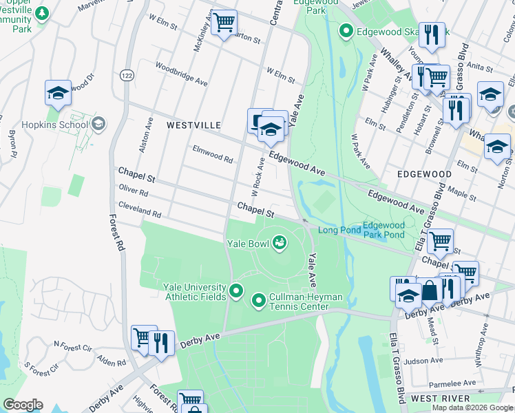 map of restaurants, bars, coffee shops, grocery stores, and more near 3 West Rock Avenue in New Haven