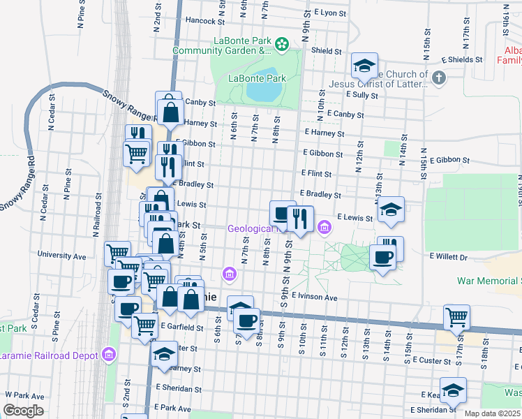 map of restaurants, bars, coffee shops, grocery stores, and more near 465 North 8th Street in Laramie