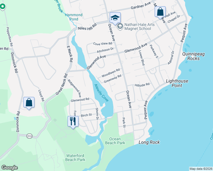 map of restaurants, bars, coffee shops, grocery stores, and more near 51 Greenway Road in New London