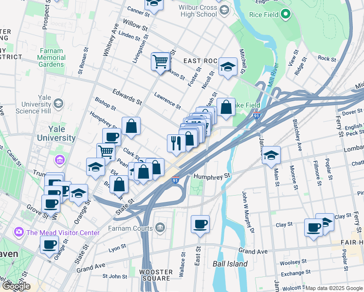 map of restaurants, bars, coffee shops, grocery stores, and more near 47 Bishop Street in New Haven