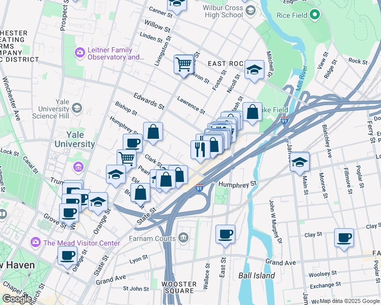 map of restaurants, bars, coffee shops, grocery stores, and more near 47 Bishop Street in New Haven