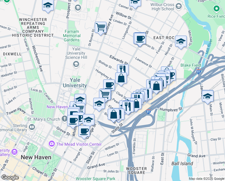 map of restaurants, bars, coffee shops, grocery stores, and more near 400 Humphrey Street in New Haven