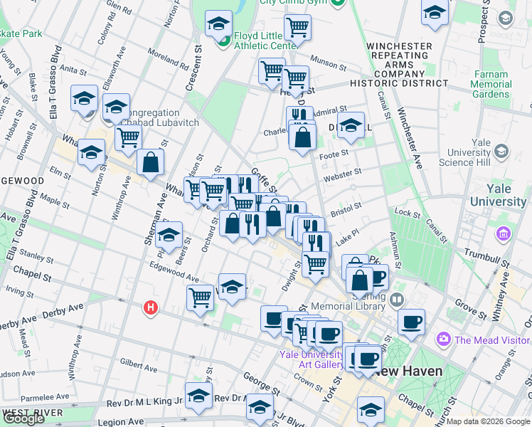 map of restaurants, bars, coffee shops, grocery stores, and more near 24 Dickerman Street in New Haven