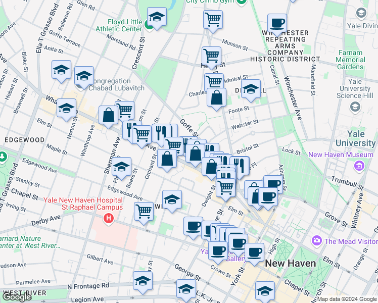 map of restaurants, bars, coffee shops, grocery stores, and more near 29 Dickerman Street in New Haven