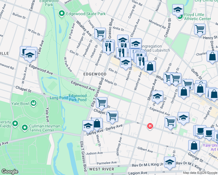 map of restaurants, bars, coffee shops, grocery stores, and more near 156 Maple Street in New Haven