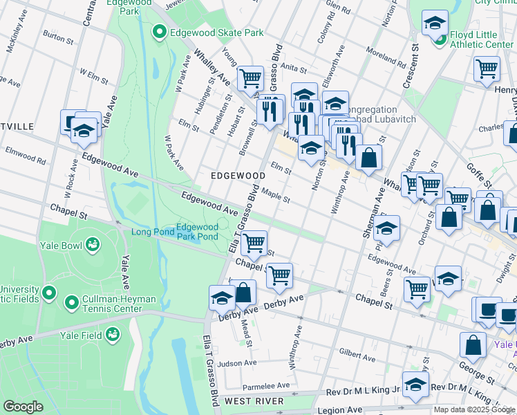 map of restaurants, bars, coffee shops, grocery stores, and more near 156 Maple Street in New Haven