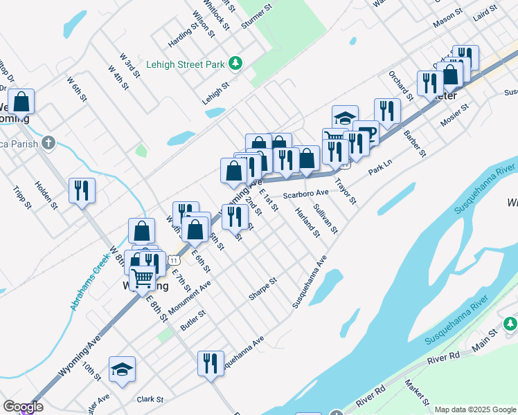 map of restaurants, bars, coffee shops, grocery stores, and more near 28 Wyoming Avenue in Wyoming