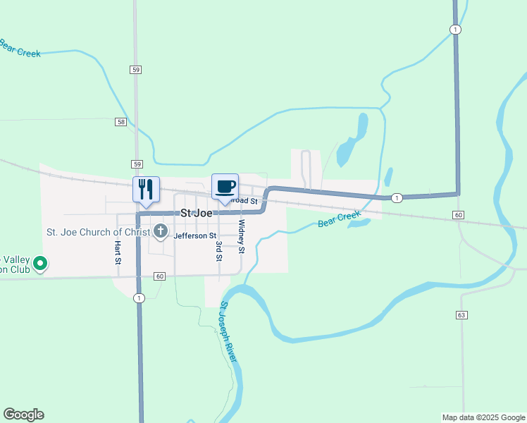 map of restaurants, bars, coffee shops, grocery stores, and more near Washington St in St Joe